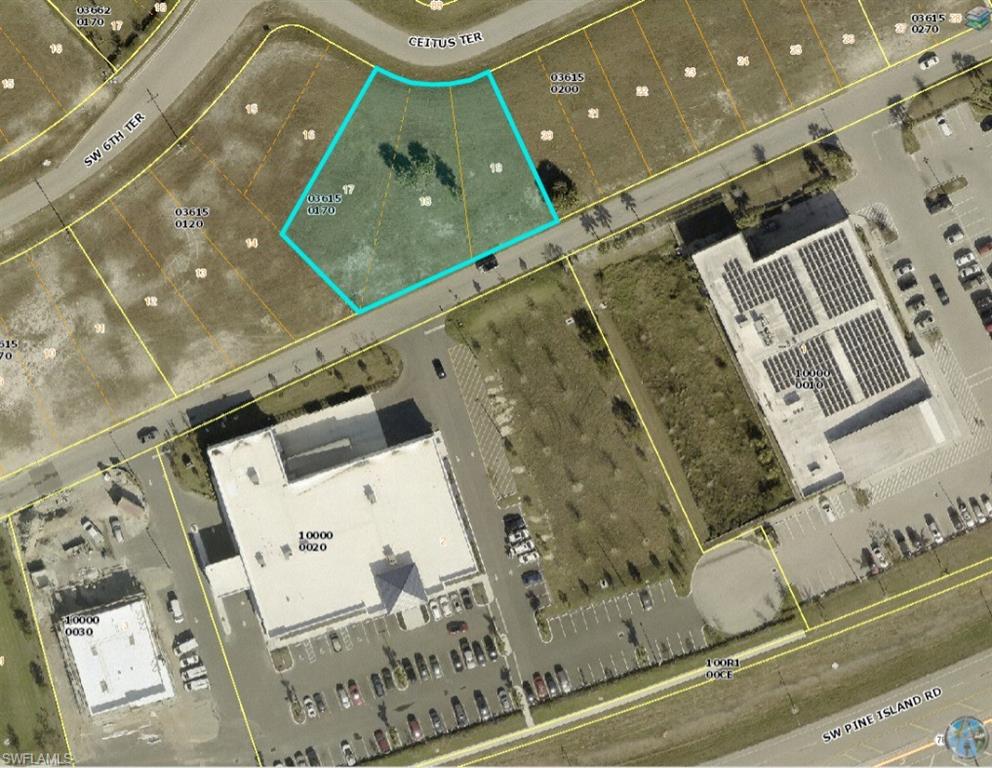 Aerial map of property and surrounding area featuring property parcel outlined