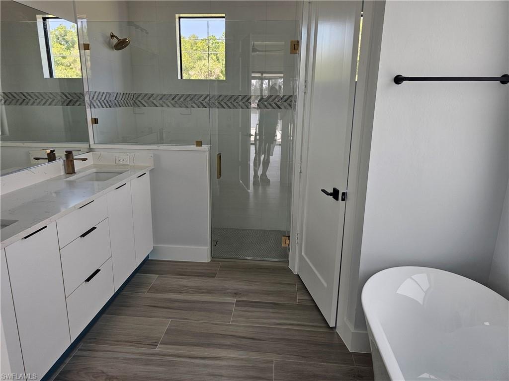 Full bathroom featuring a healthy amount of sunlight, a stall shower, a sink, and a soaking tub