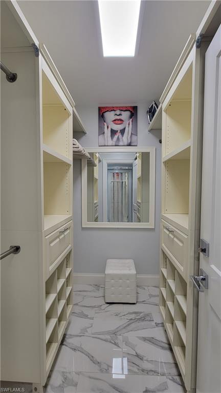 View of spacious custom primary closet
