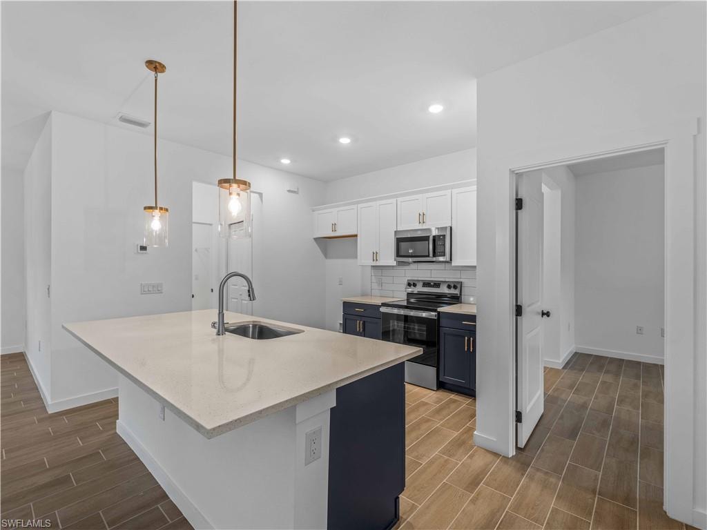 Kitchen with stainless steel appliances, a sink, wood tiled floors, white cabinetry, and recessed lighting