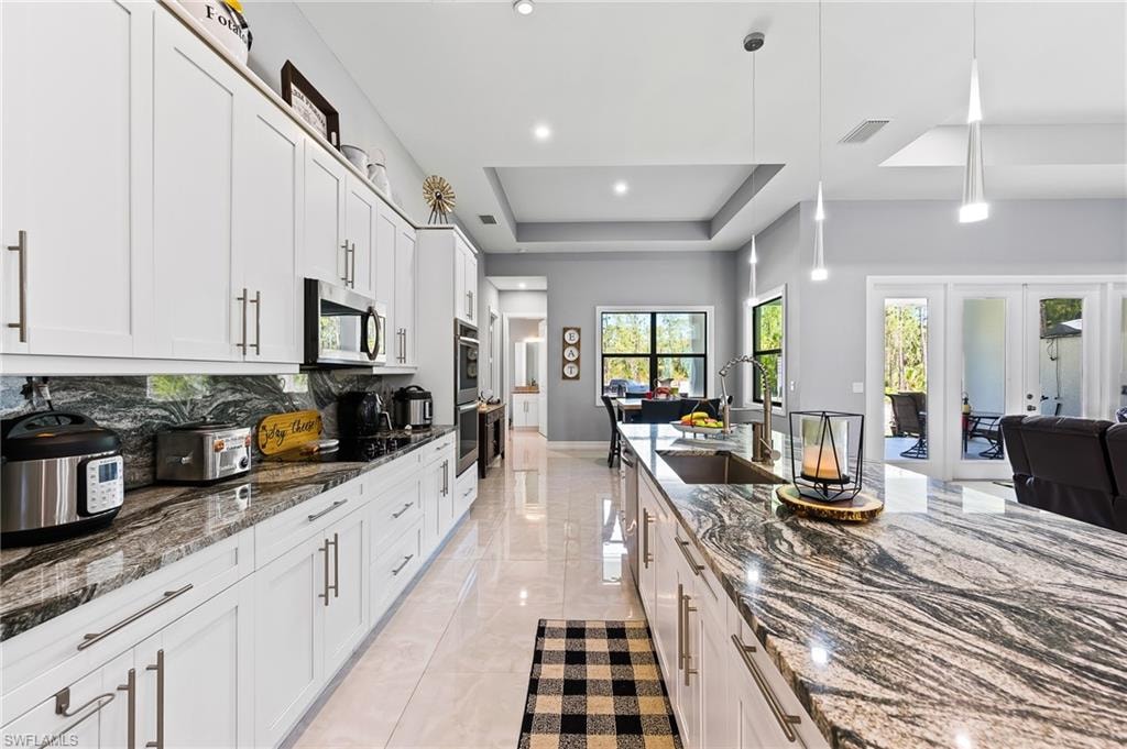 Kitchen with stainless steel appliances, dark stone counters, sink, tasteful backsplash, and a raised ceiling