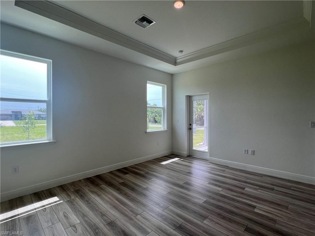 Spare room with dark wood-type flooring, a raised ceiling, and ornamental molding