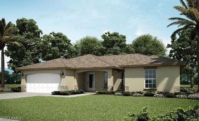 Single story home featuring a garage and a front lawn