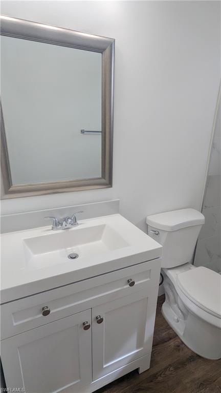 Bathroom featuring vanity, toilet, and hardwood / wood-style floors