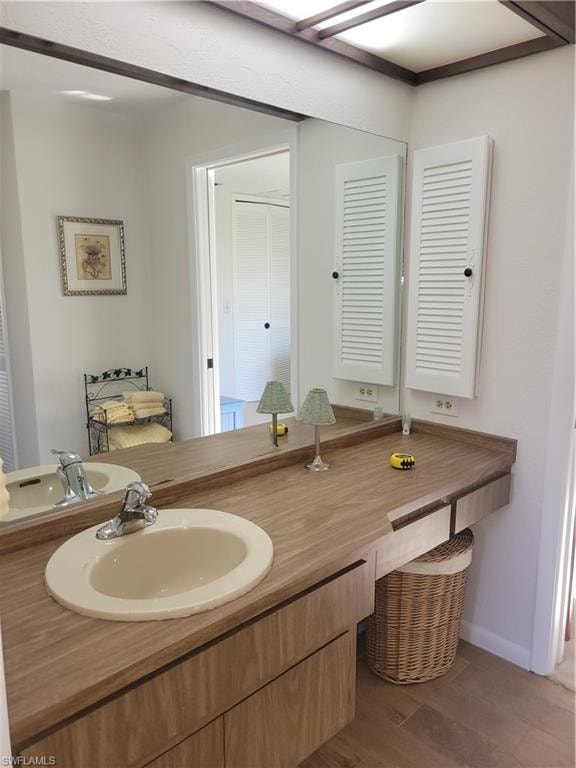 Bathroom with hardwood / wood-style flooring and vanity