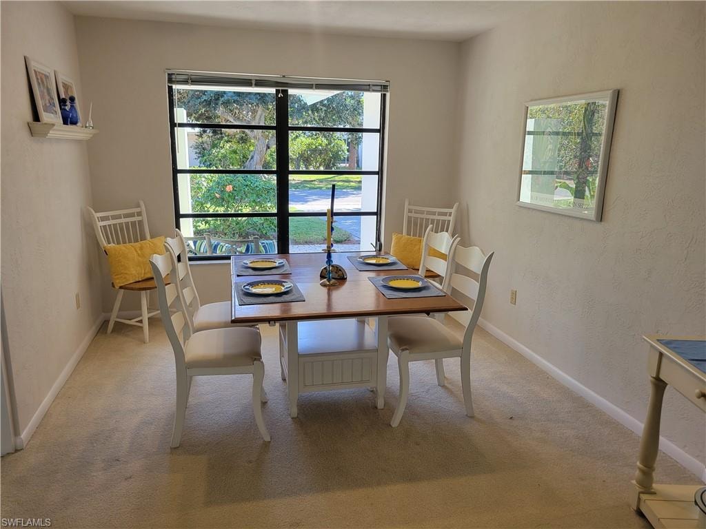 Dining area with carpet flooring