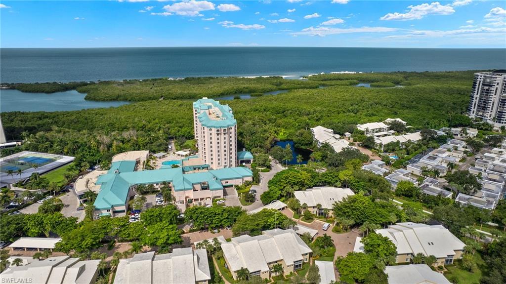 Aerial view featuring a water view