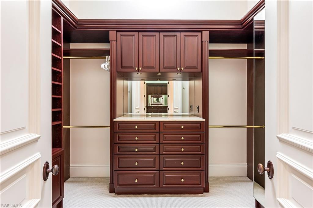 Walk in closet featuring light colored carpet
