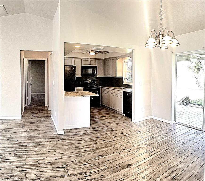 Kitchen, dining, living area