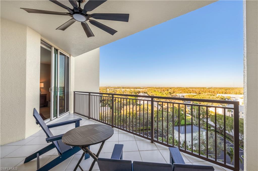 Balcony featuring ceiling fan