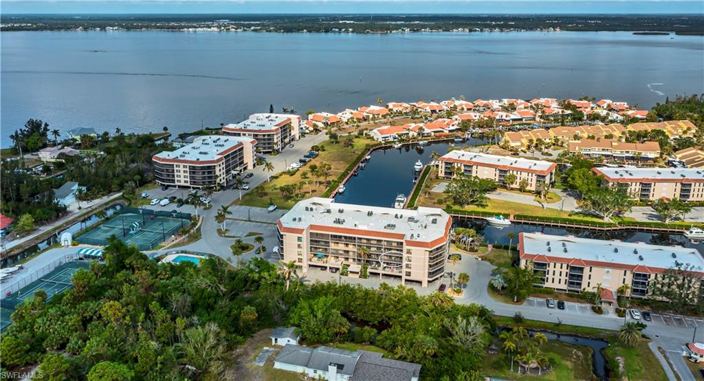 Aerial view featuring a water view