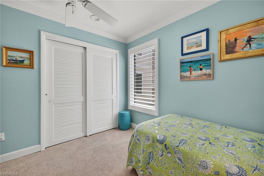 Bedroom with carpet flooring, ornamental molding, a closet, and a ceiling fan