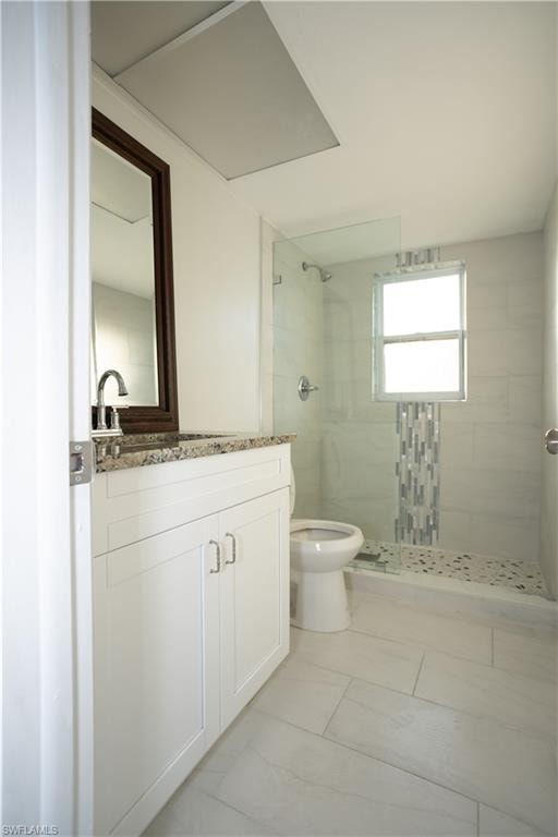 Bathroom featuring vanity, toilet, and a tile shower