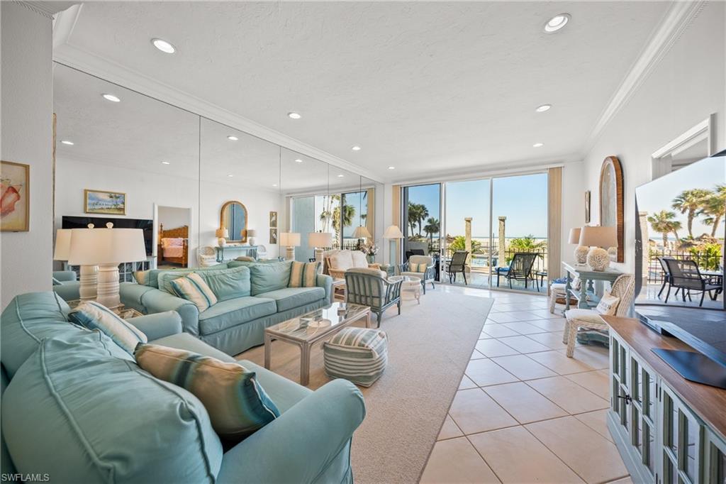 Tiled living room with ornamental molding