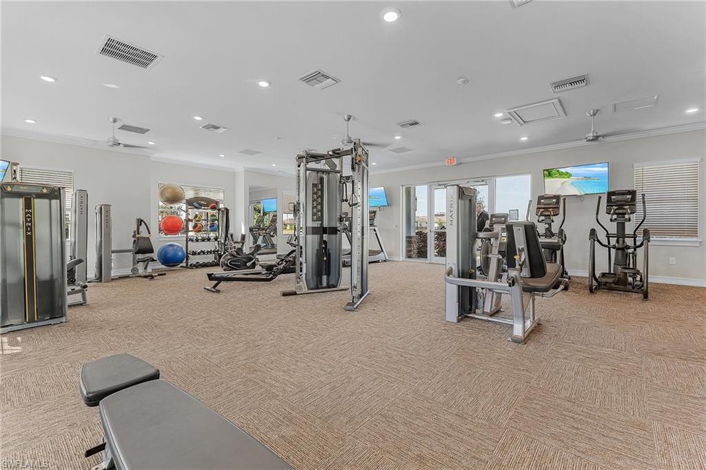 Gym featuring ornamental molding, light colored carpet, and ceiling fan