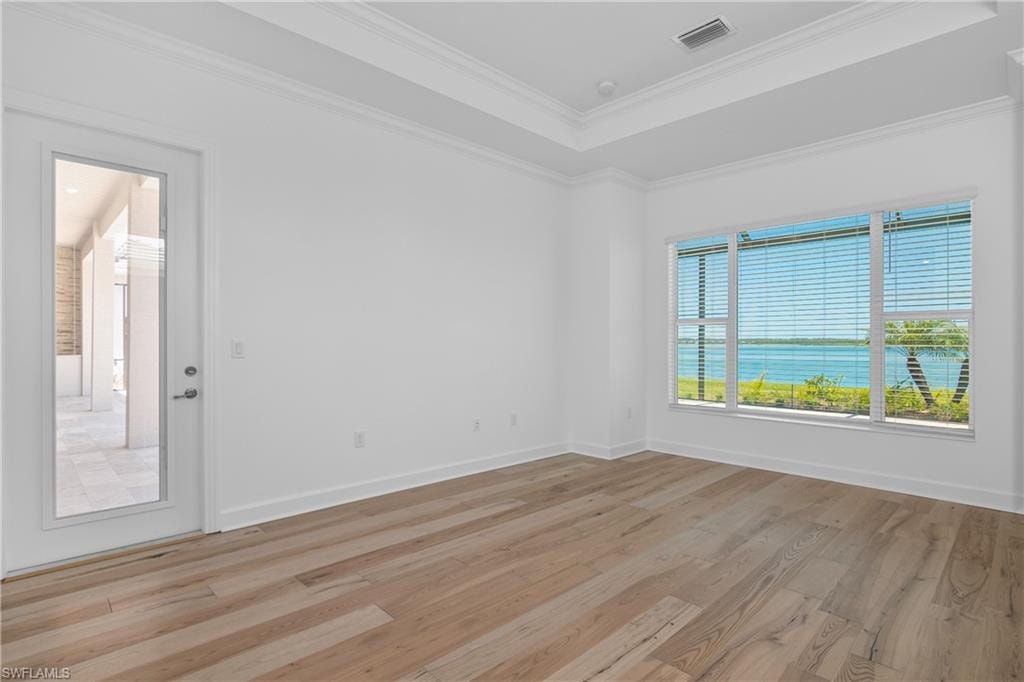 Unfurnished room with crown molding, a tray ceiling, and light hardwood / wood-style floors