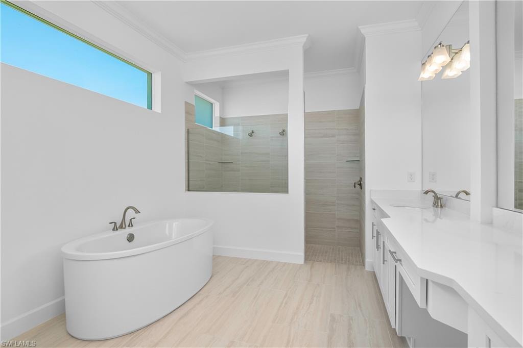 Bathroom with vanity, separate shower and tub, and crown molding