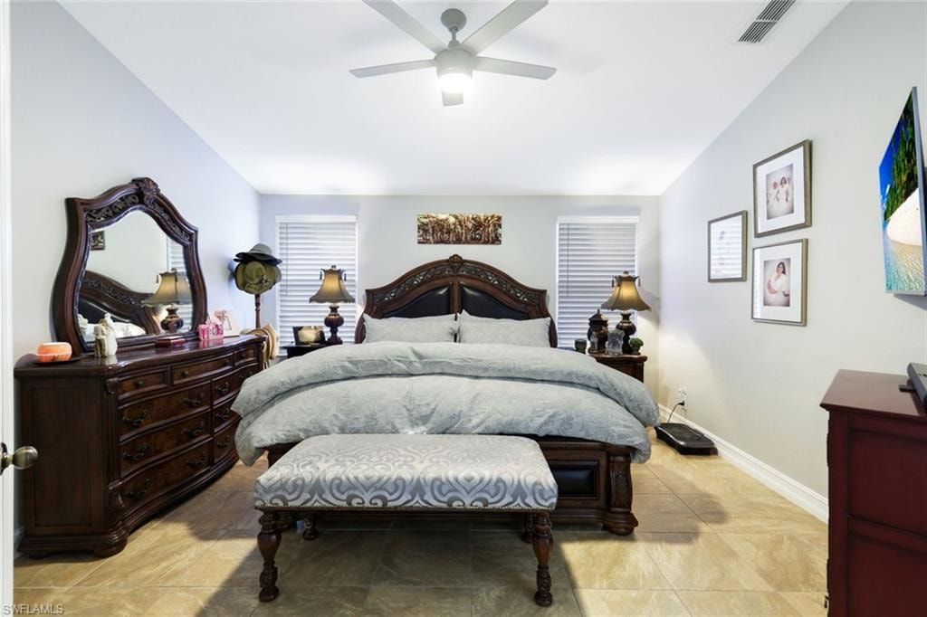 Bedroom featuring baseboards, visible vents, and a ceiling fan
