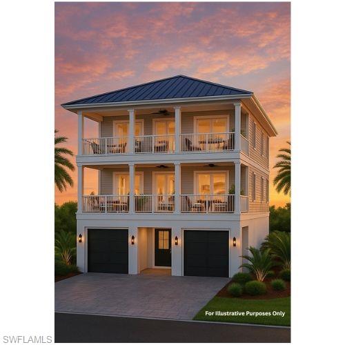 View of front of house featuring driveway, an attached garage, a metal roof, and a balcony