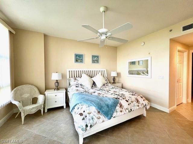 Bedroom featuring a ceiling fan, tile patterned floors, baseboards, and visible vents