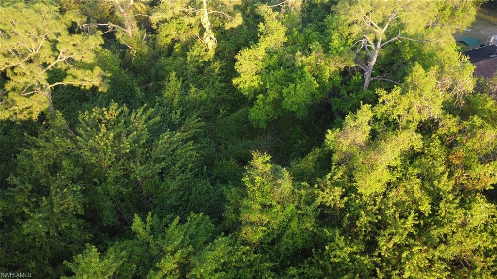 Birds eye view of property featuring a wooded view