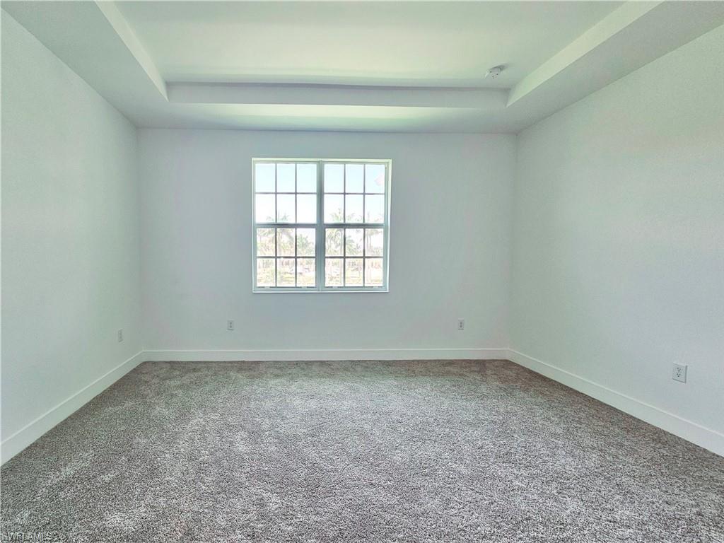 Carpeted spare room featuring a raised ceiling and baseboards