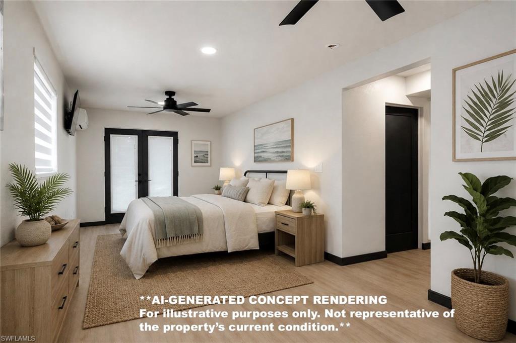 Light wood-finish flooring, recessed lighting, and a ceiling fan are featured