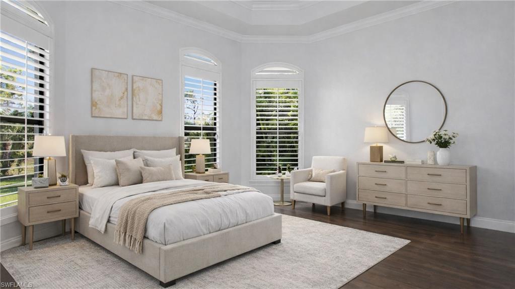 Virtually Staged Bedroom featuring dark wood-style flooring and crown molding