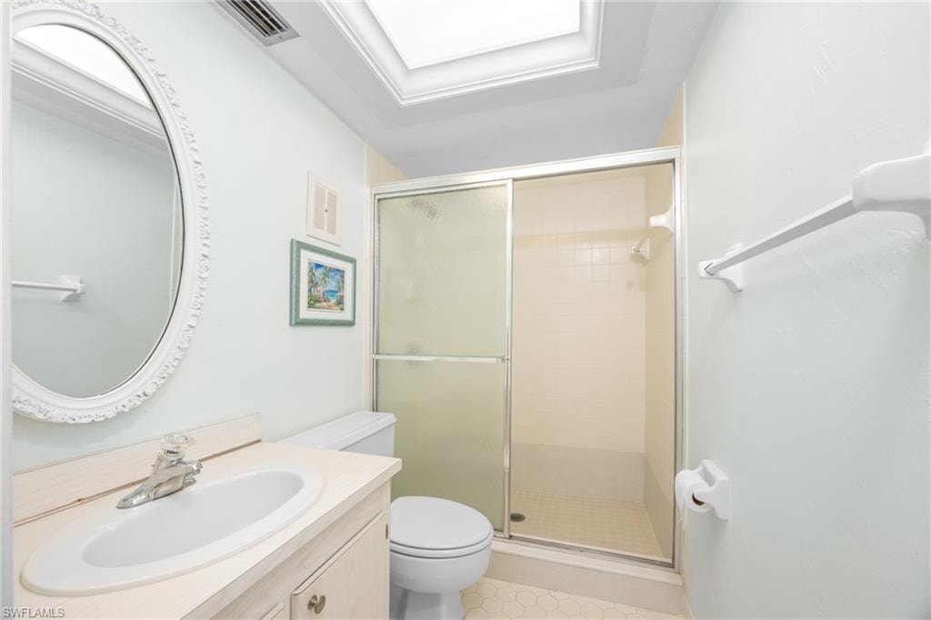 Full bathroom with a shower stall, toilet, vanity, and visible vents
