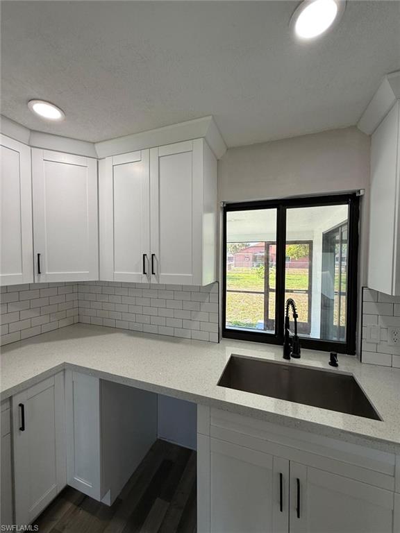 Kitchen with a sink, light stone counters, dark wood-type flooring, white cabinetry, and decorative backsplash
