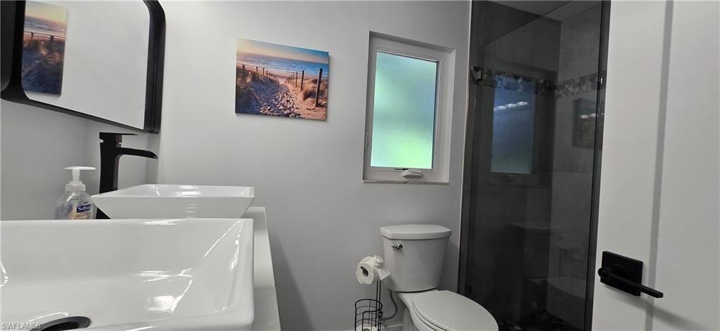 Bathroom featuring a sink, a shower stall, and toilet