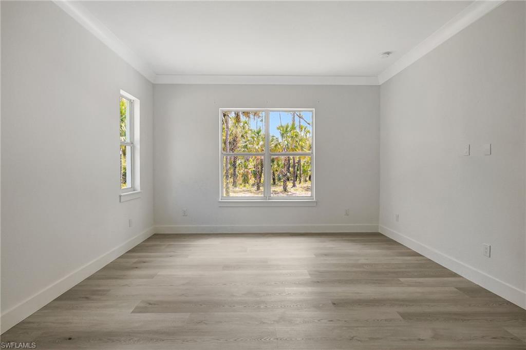 Empty room featuring plenty of natural light, baseboards, light wood-style flooring, and ornamental molding