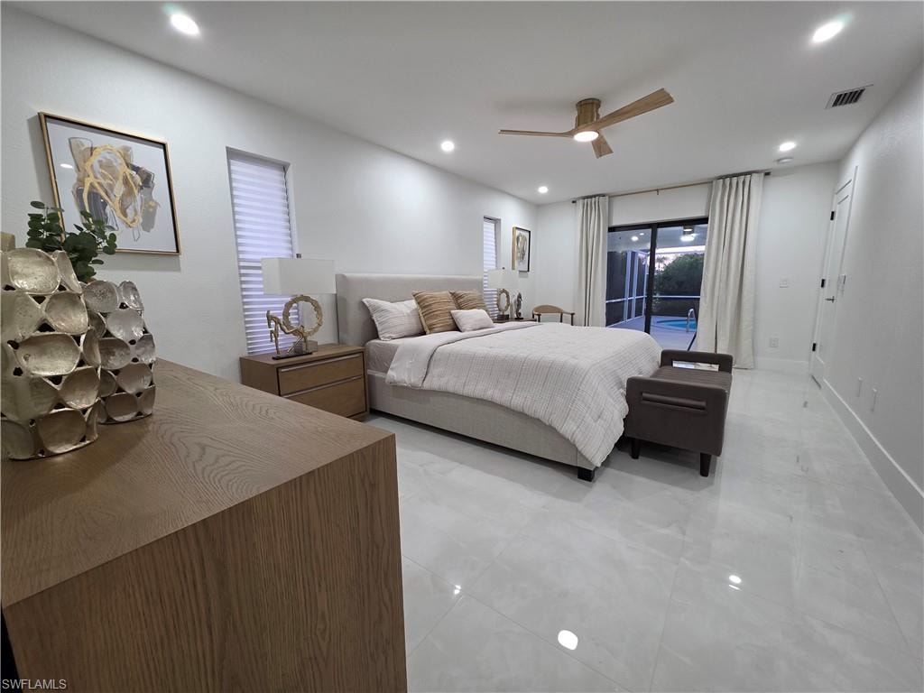 Bedroom featuring access to exterior, recessed lighting, a ceiling fan, and light tile patterned floors