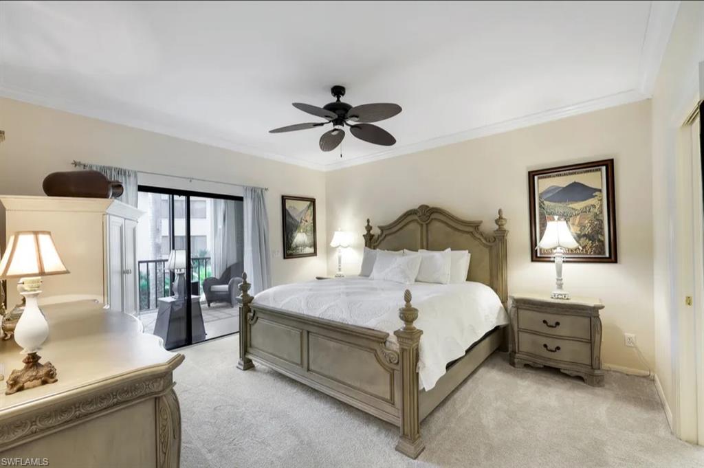 Bedroom featuring light carpet, access to outside, crown molding, and ceiling fan