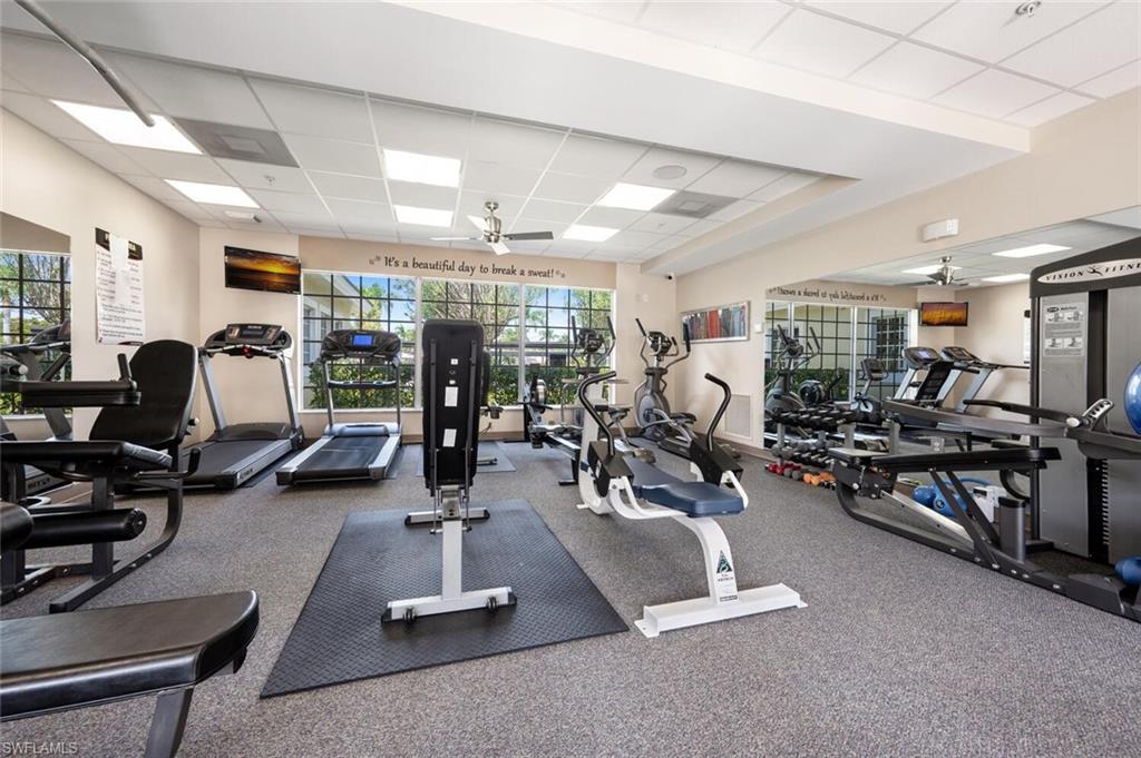 Workout area featuring a drop ceiling, healthy amount of natural light, and ceiling fan