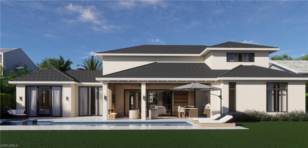 Outdoor living, pool and backyard rendering