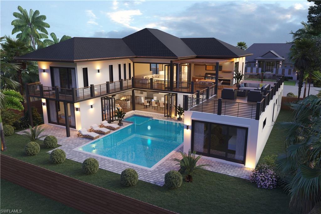 Rear view of house with stucco siding, a balcony, an outdoor hangout area, an outdoor pool, and a patio area