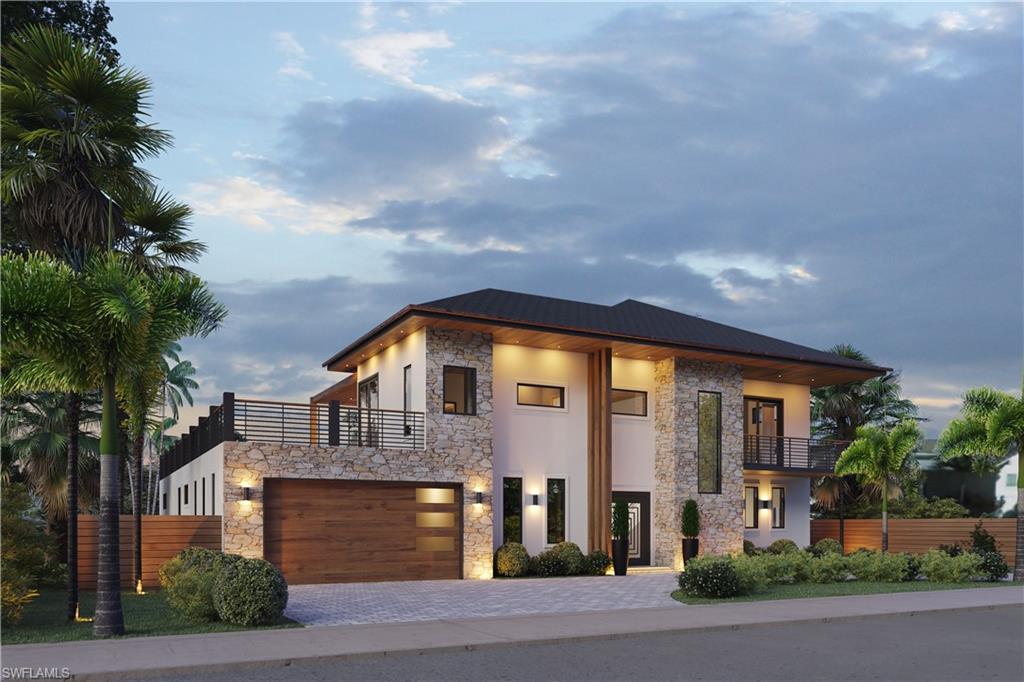 Modern home featuring a balcony, stone siding, driveway, and stucco siding