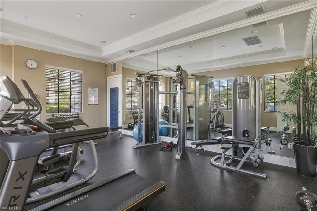Exercise room featuring a raised ceiling, plenty of natural light, and ornamental molding