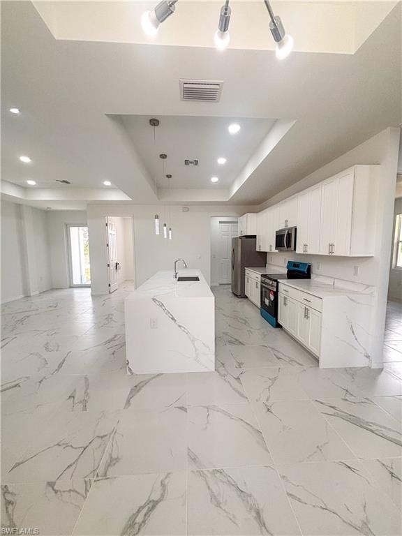 Unfurnished bedroom featuring light marble finish floors and a closet