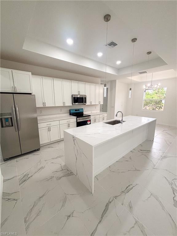 Full bath featuring light marble finish flooring and vanity