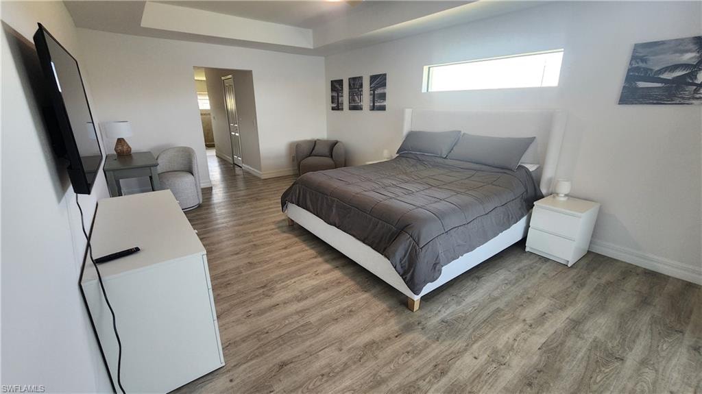 Bedroom with baseboards, wood finished floors, and a tray ceiling