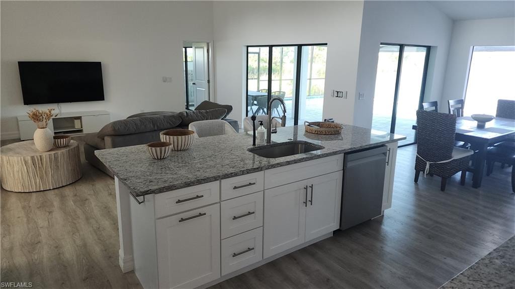Kitchen with a sink, dishwasher, light wood-type flooring, and open floor plan
