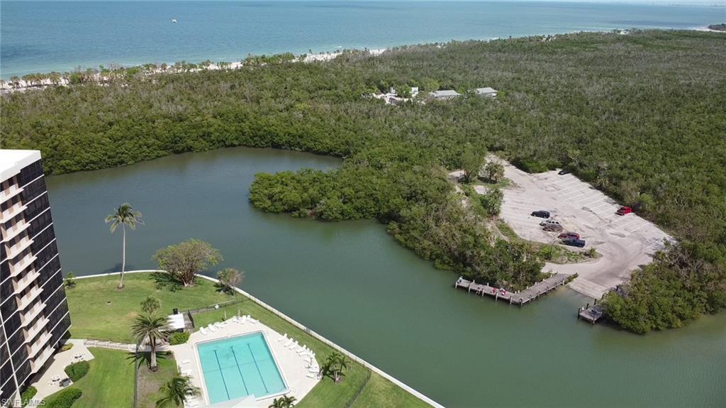 Aerial view of a nearby body of water, a pool, and a forest
