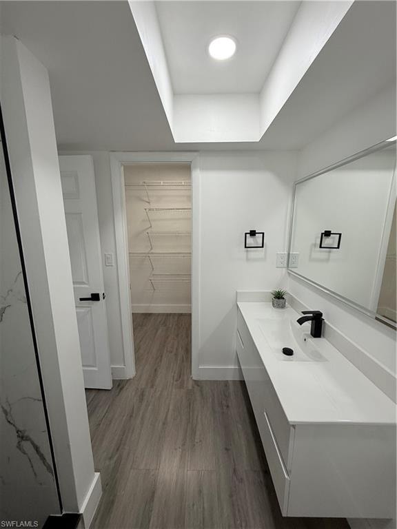 Bathroom featuring vanity, wood finished floors, a spacious closet, and a tray ceiling
