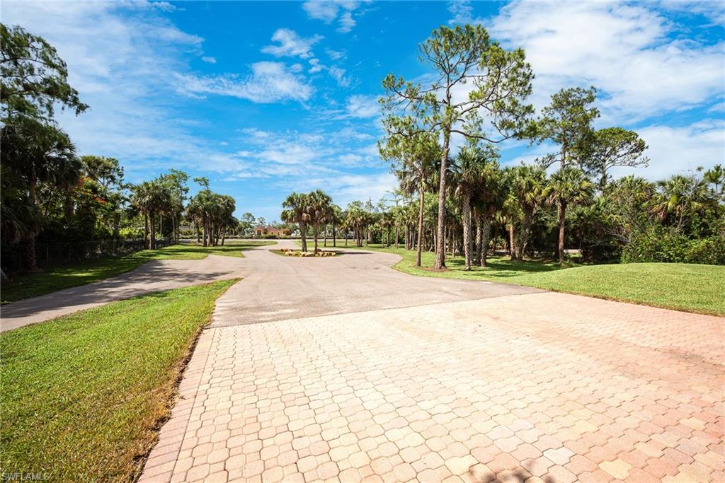 View of property's community with a lawn, driveway, and view of scattered trees