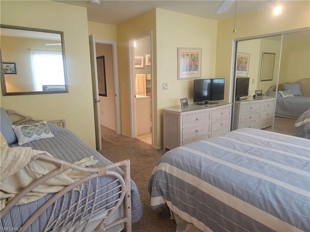 Carpeted bedroom featuring a closet and connected bathroom