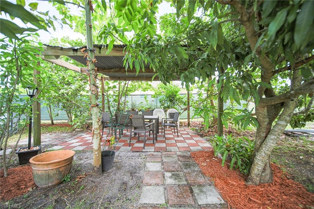 Fenced backyard with a patio area and outdoor dining space