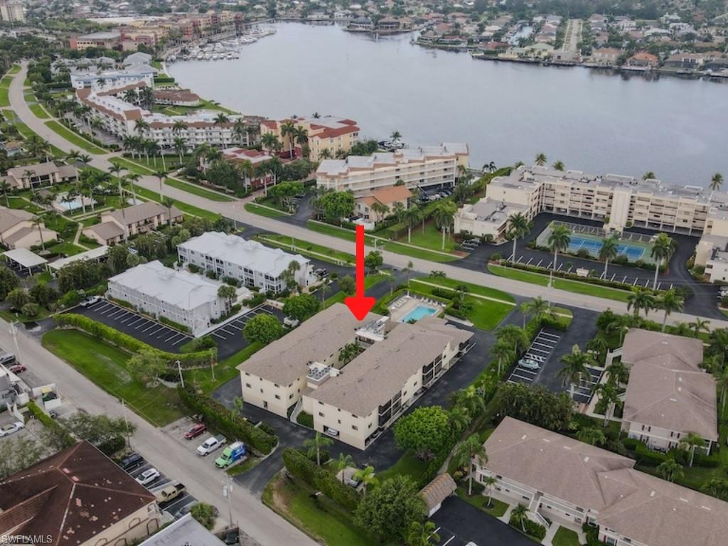 Bird's eye view of a nearby body of water