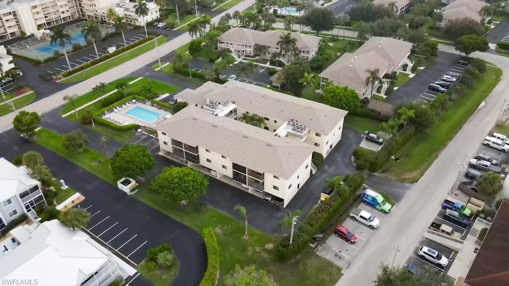 Drone / aerial view of a pool area